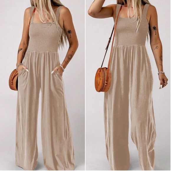 Boho smocked bodice wide leg wide straps cami jumpsuit - Picture 7 of 12